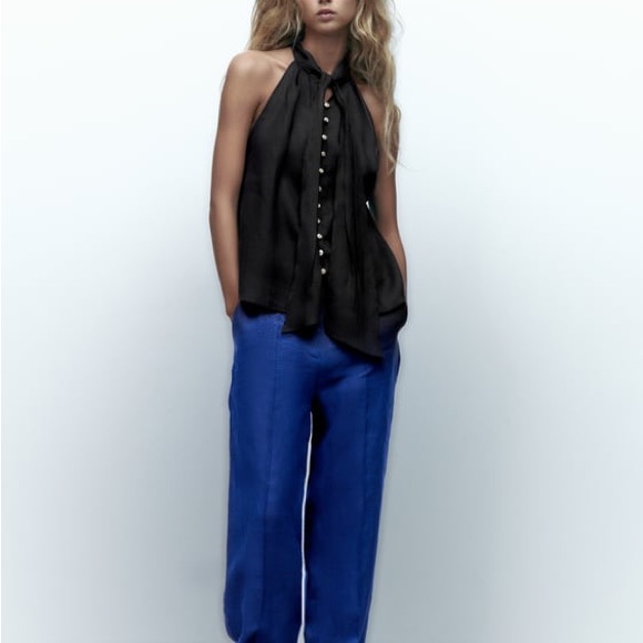 Zara Tops - Zara Black 100% Linen Button Down High Neck Blouse NWT
